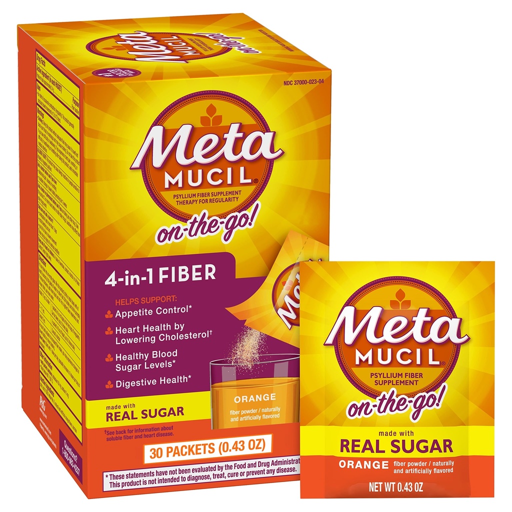Metamucil On- the- Go, Daily Psyllium Husk Powder Supplement med Real Sugar, 4-in-1 Fiber for fordøjelsessundhed, Orange Glat smag drik, 2 pakke x 30 tæller = 60 pakker i alt