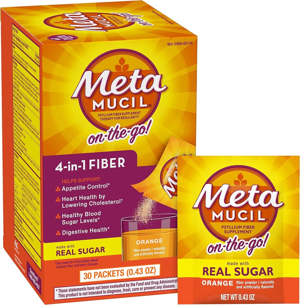Metamucil On- the- Go, Daily Psyllium Husk Powder Supplement med Real Sugar, 4-in-1 Fiber for fordøjelsessundhed, Orange Glat smag drik, 2 pakke x 30 tæller = 60 pakker i alt