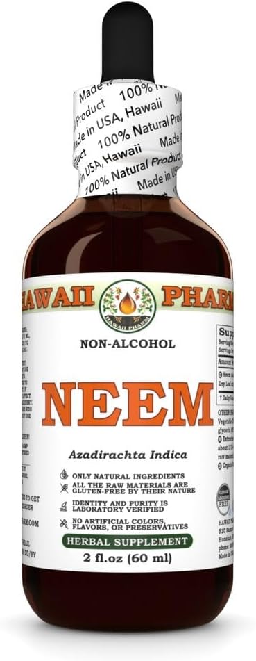 Neem Alkohol- Free Liquid Extract, Organic Neem (Azadirachta Indica) Tørret Leaf Glycerite Natural Herbal Supplement, Hawaii Pharm, USA 2 fl.oz