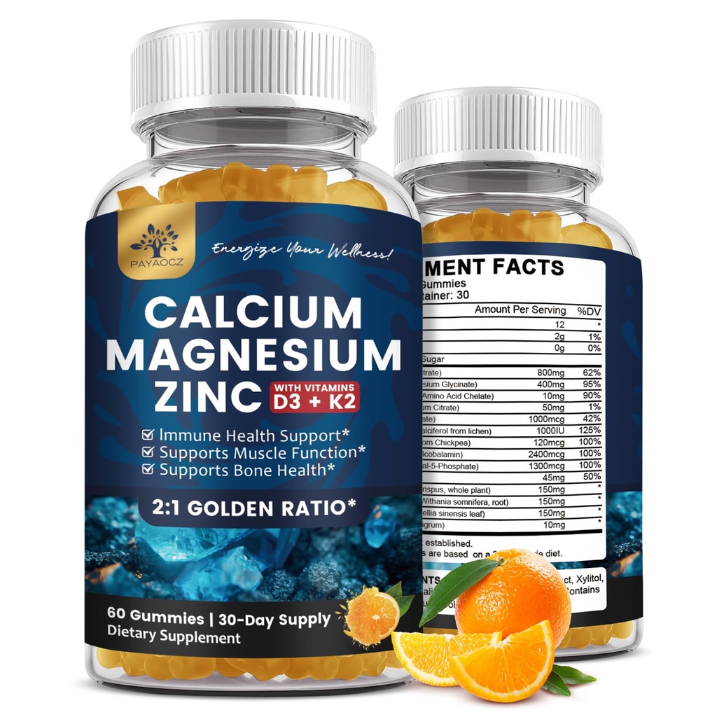 (2 Pack) Calcium Magnesium Zink Gummier med vitamin D3, K2, B12 & B6 til voksne, Sukker fri Magnesium Glycinat med Kalium Sea Moss Supplement, Calcium Citrate for Bone Mood & Sleep Support