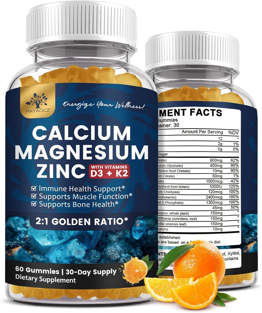 (2 Pack) Calcium Magnesium Zink Gummier med vitamin D3, K2, B12 & B6 til voksne, Sukker fri Magnesium Glycinat med Kalium Sea Moss Supplement, Calcium Citrate for Bone Mood & Sleep Support