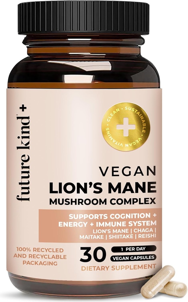 Future Kind Vegan Lion’s Mane Mushroom Complex - Brain Supplement with Chaga, Maitake, Shiitake, & Reishi, Supports Memory and Focus (30ct)