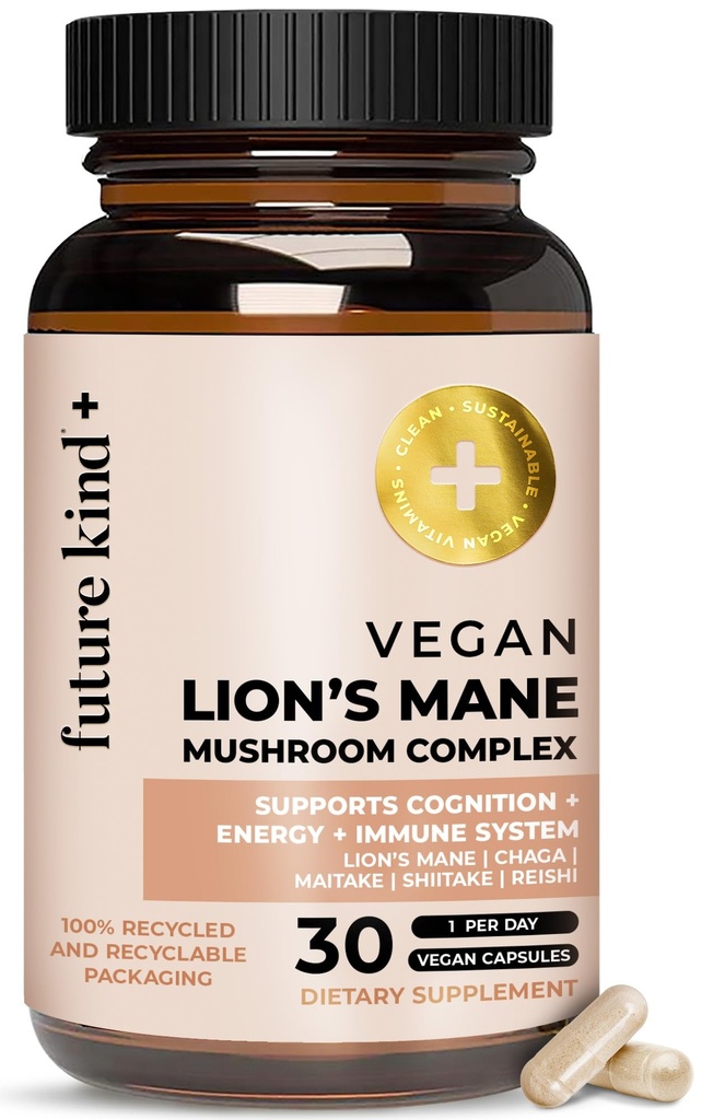 Future Kind Vegan Lions Mane Mushroom Complex - Brain Supplement med Chaga, Maitake, Shiitake, & Reishi, Understøtter hukommelse og fokus (30ct)