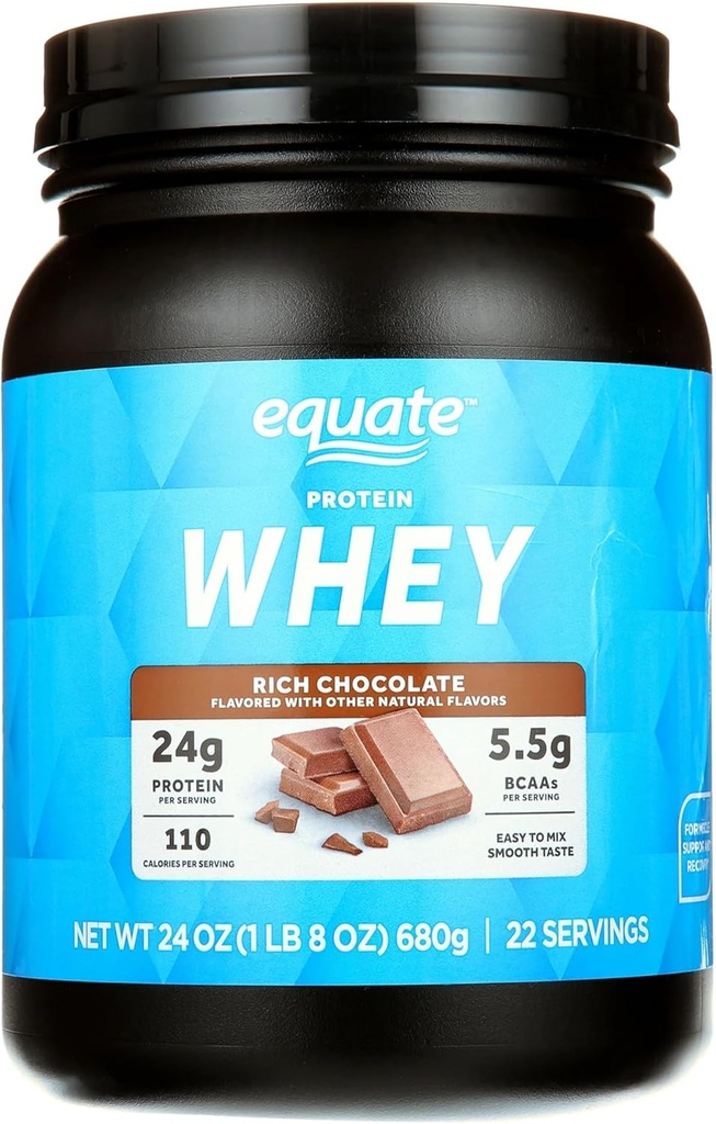 Equates Whey Protein Powder, Rich Chocolate, 24g Protein per Serving, 5.5g BCAA, Whey Isolate Blend, 22 Servere, Glat & Lækker, Unisex, Muscle Recovery Supplement, 1.5 lbs
