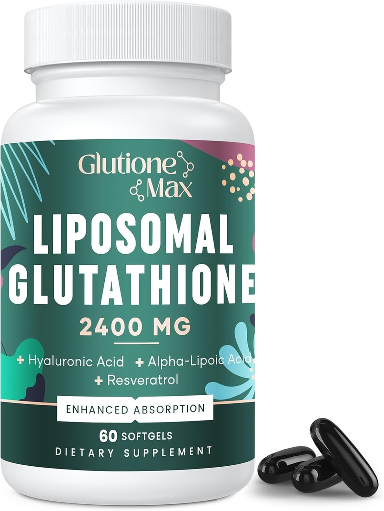 8- 1- Liposomal Glutathion 2400 MG, High Absorption Antioxidant Formel - med Hyaluronsyre, Alpha- Lipoinsyre, Resveratrol - Hud, Lever Detox & immunsystem, 60 Softgels