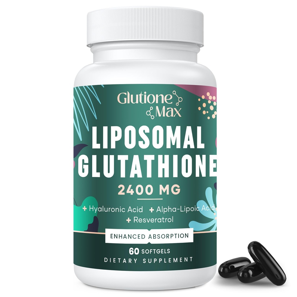 8- 1- Liposomal Glutathion 2400 MG, High Absorption Antioxidant Formel - med Hyaluronsyre, Alpha- Lipoinsyre, Resveratrol - Hud, Lever Detox & immunsystem, 60 Softgels