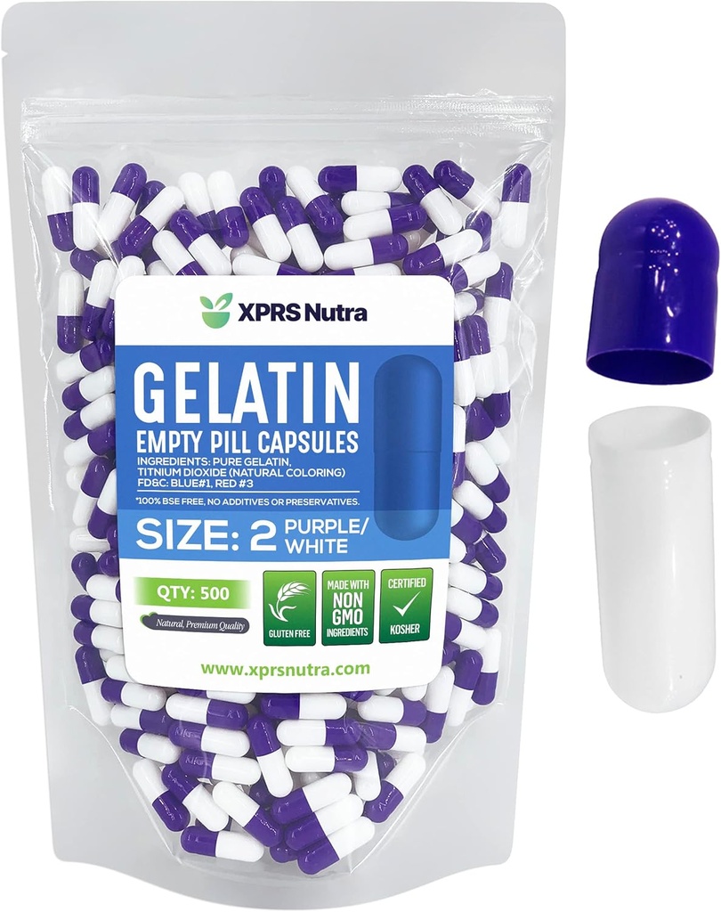 XPRS Nutra Størrelse 2 Tomme kapsler - 500 Tomme Gelatine kapsler - Piller gør det - Pure Bovin Pill Gel Caps til Do- It- Yourself Kosttilskud (lilla / hvid)