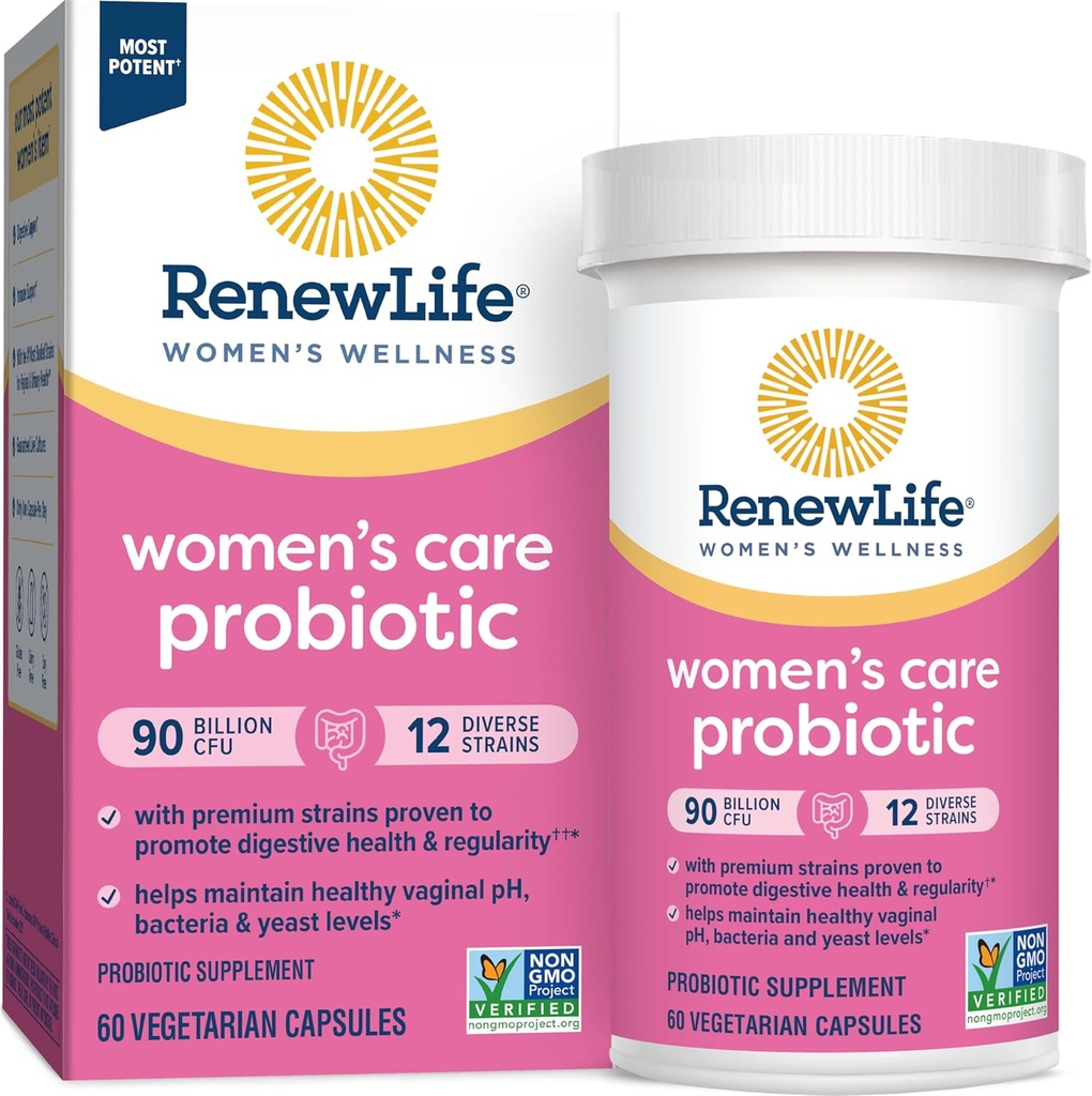 Renew Life Women 's Probiotic Capsules, Understøtter pH balance for kvinder, Vaginal, urinveje, fordøjelsessygdomme og immunforsvar, L. Rhamnosus GG, Dairy, Soy og Gluten- Free, 90 milliarder CFU - 60 Ct