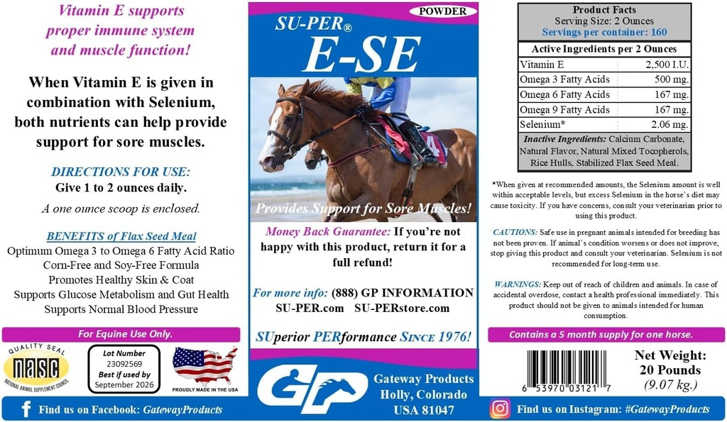 SU- PER E- Se Heste Antioxidant Supplement - Vitamin E & Selen til Sore Muskler Support - 20 Pund