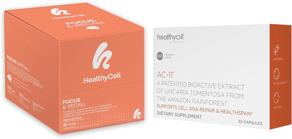 Healthycell Telomere Længde sund aldring supplement + Focus & Recall Brain supplement til hukommelse & Focus bundle