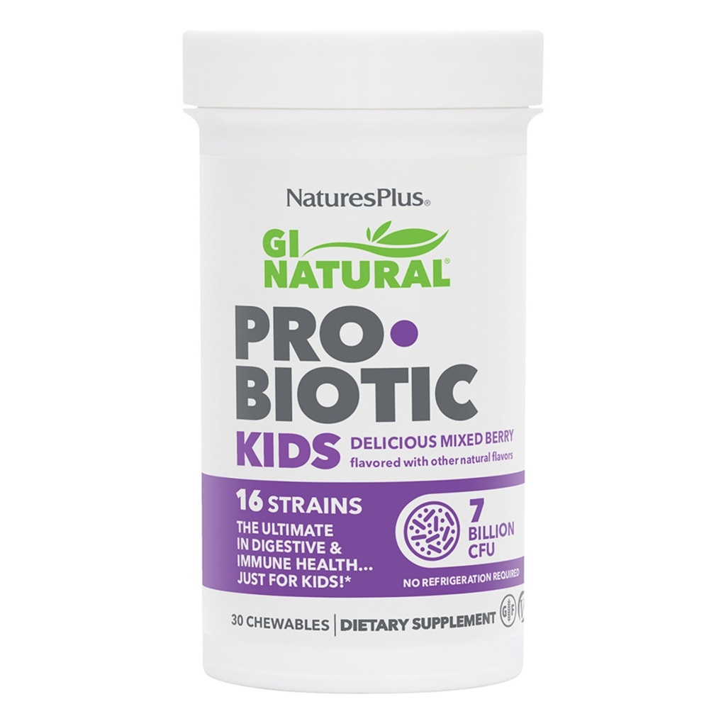 Natures Plus GI Natural Probiotic Kids, Mixed Berry - 30 Chewables - Fordøjelse og immunforsvar Bare for børn - Gluten Free - 30 Servere