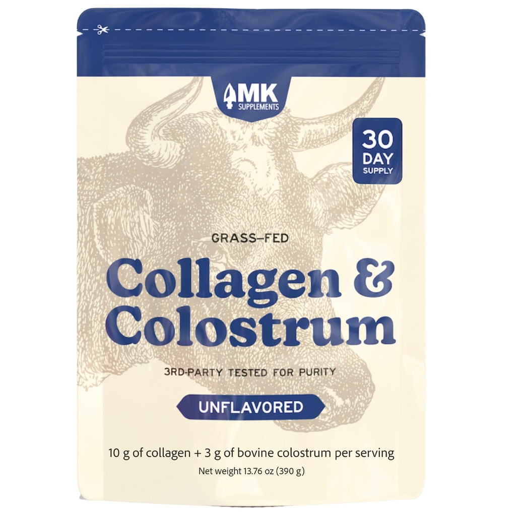 MK Kosttilskud Collagen & Colostrum - Grass- Fed Bovine Collagen & Bovine Colostrum Powder - Hud, Gut, fælles & immunforsvar - Keto, Paleo, Carnivore Friendly - Ingen tilsætningsstoffer