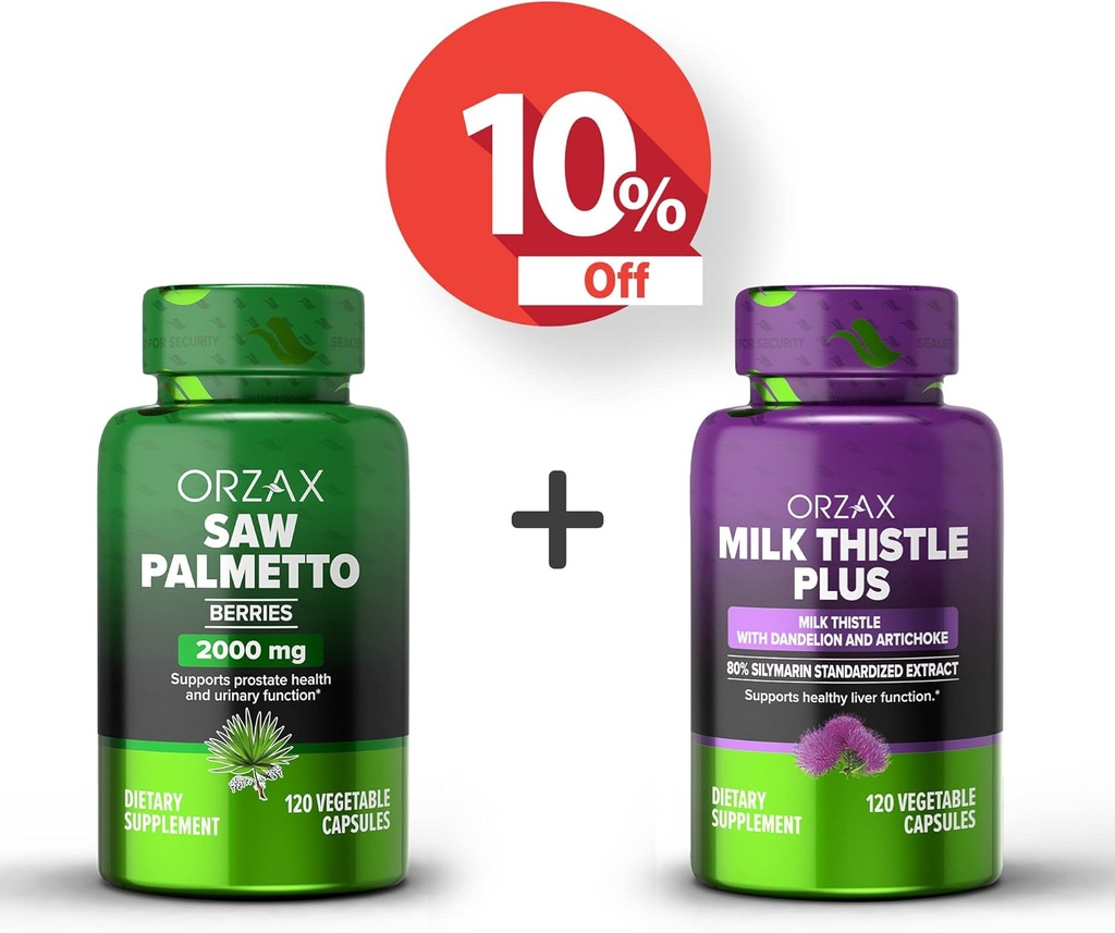 ORZAX Saw Palmetto 2000 mg 120 Vegaserbare kapsler og mælk Thistle Plus med Mælkebøtte 120 Vegaserbare Kapsler, Bundle