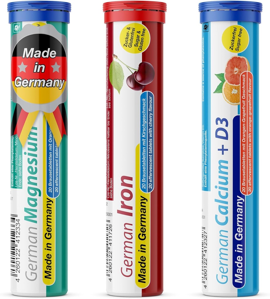 T & D Tysk Mineral Plus pakke 60 Servering - Vegan, Zero Sugar - Drik Effervescent tabletter - Jern, Calcium, Magnesium Pharma - Made in Germany