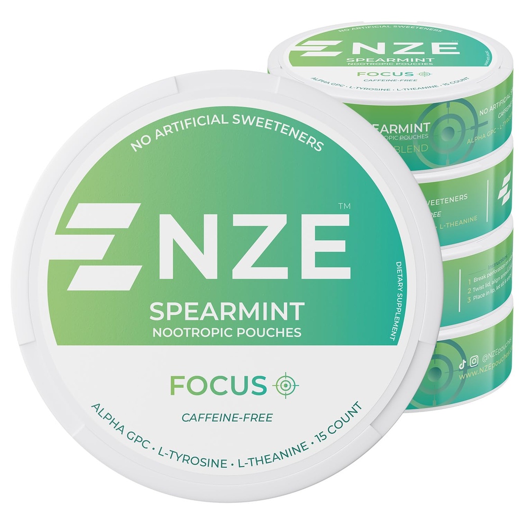 NZE Coffein Free Nootrope Pouches (Spearmint) - Nootrope Pouches med Alpha GPC, L-Tyrosine & L-Theanine - Ingen sukker eller kunstige sødestoffer - 15 Nicotine Free Pouches Per Can - 5 Pack