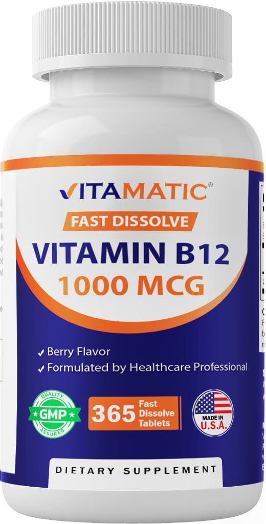 Vitamatisk vitamin B12 1000 mcg Hurtig opløsning - 365 tabletter - Natural Berry Flavor - Understøtter energi Metabolisme & Nervesystemet sundhed