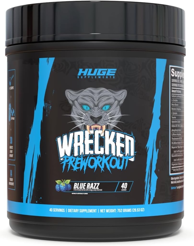 Wrecked Pre Workout Powder, Advanced Formel, øger energi, Focus, Pumps & Performance, 10g L- Citrullin, 6.4g Beta Alanine, 5g Tyrosine, 1g Alpha GPC, 375mg Fast-Fungerende Koffein & mere (40 Servere)
