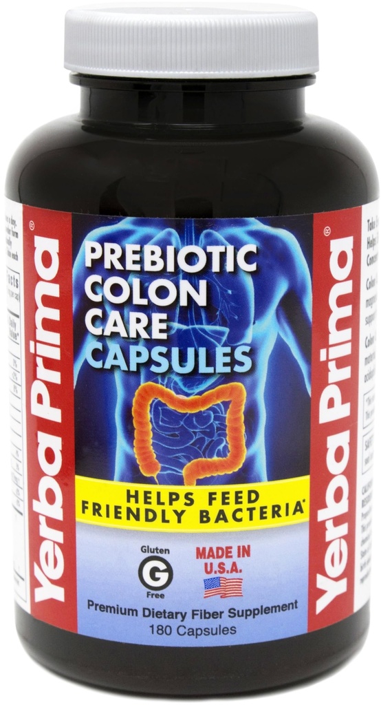 Yerba Prima Prebiotics Colon Care Fiber Caps, 180 Kapsler - Fem former for Fiber Plus FOS Præbiotika - Kosttilskud - Sund Opløselig & Uopløselige fibre til regelmæssighed