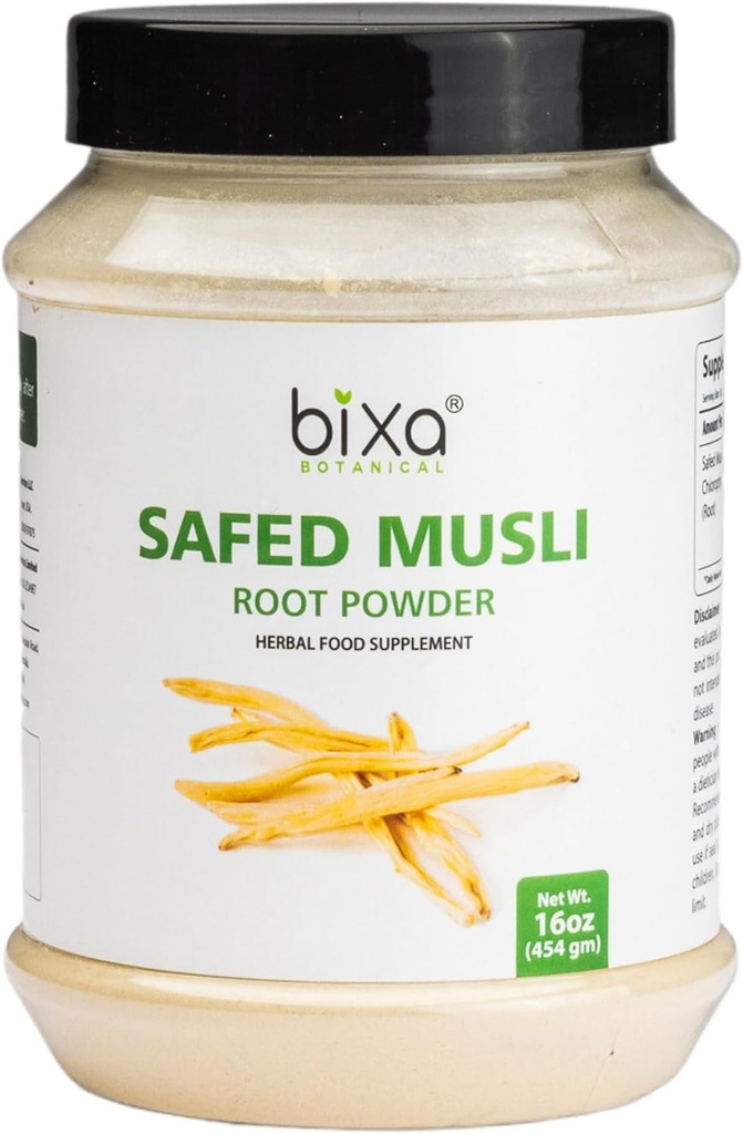 bixa BOTANIAL Ayurvedic Natural Herbal Supplement Safed Musli Powder Pure Autentiske Premium Quality ttesmå 124; Gluten Free, Non- GMO, Steam Sterised, Vegan (16 Ounce (Pack of 1), Safed Musli Powder)