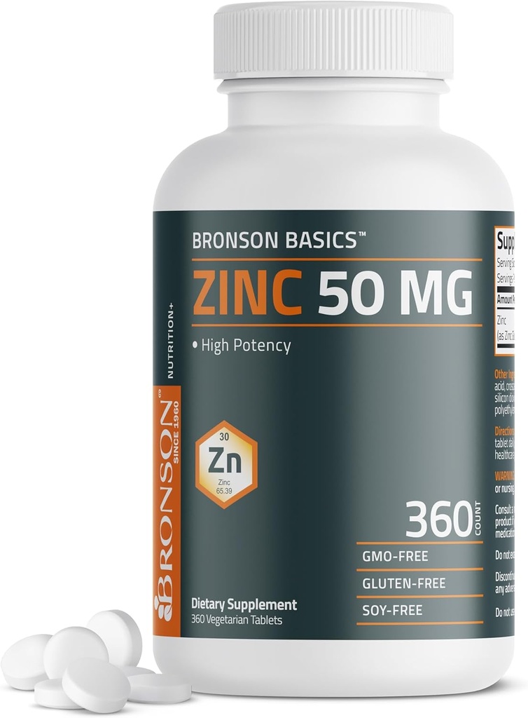 Bronson Zink 50 MG High Potency One Year Supply Support Immunation, Antioxidant & Hud Sundhed - Non- GMO, 360 Vegetariske tabletter