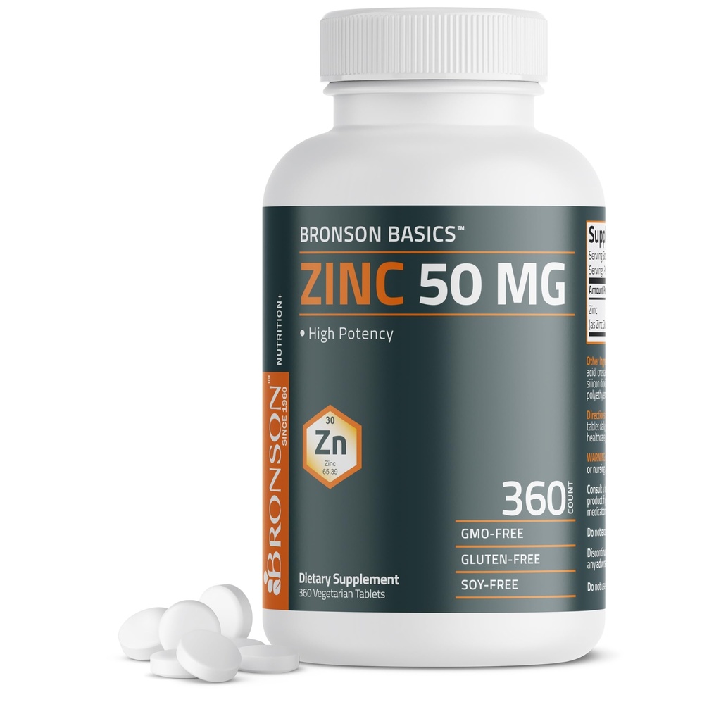 Bronson Zink 50 MG høj potens understøtter immunforsvar, antioxidant & hudsundhed - non-GMO, 360 vegetariske tabletter