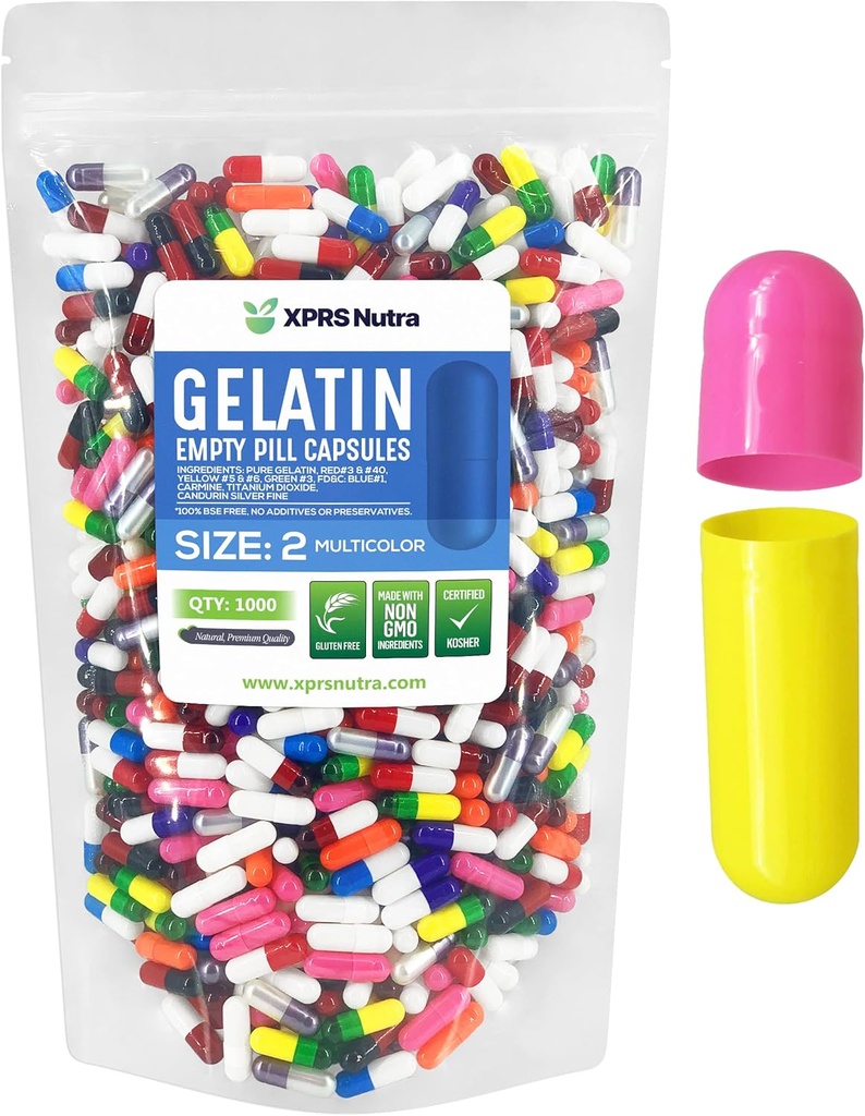 XPRS Nutra Størrelse 2 Tomme kapsler - 1000 Tomme Gelatine kapsler - Piller gør det - Pure Bovin Pille Gel Caps til Do- It- Yourself Kosttilskud (Multi Color)