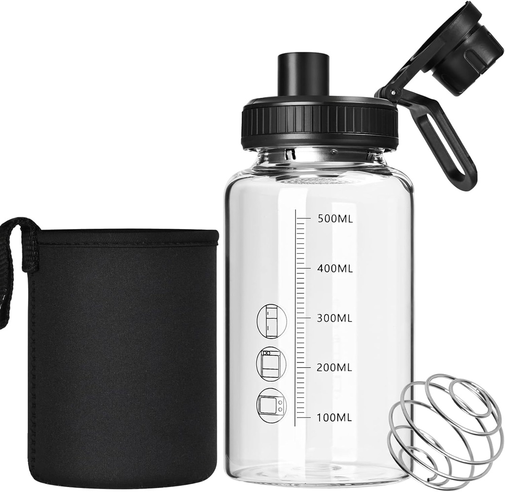 Glaskolbe, 22oz BPA- Free Odorless Shaker Flaske med 304 rustfrit stål Ball og Aftagelig Rengøringsbørste til Fitness Protein Mixes (1Pack)