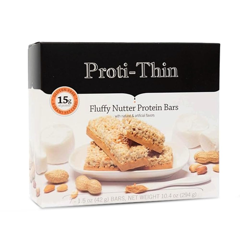 Proti- Thin Fluffy Nutter Protein Bars, 15g Protein, Lav kalorie, Meget lav Carb (VLC), Lav Fedt, Høj Fiber Snack Bar, KETO Diet venligt, Ideel Protein Kompatibel, Ingen Gluten Ingredienser, 7 / Box
