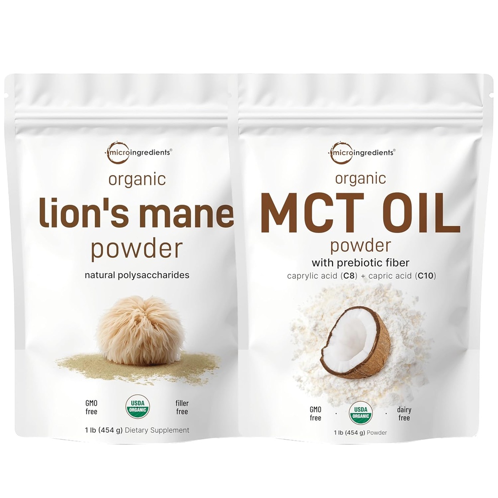 Micro Ingredienser MCT Oil Powder med Prebiotic Fiber & Lions Mane Mushroom Supplement Powder Bundle 2 Pack 124; C8 MCT Oil for Coffee Creamer Budding 124; Natural Superfood for Brain, Energy, & immunforsvar