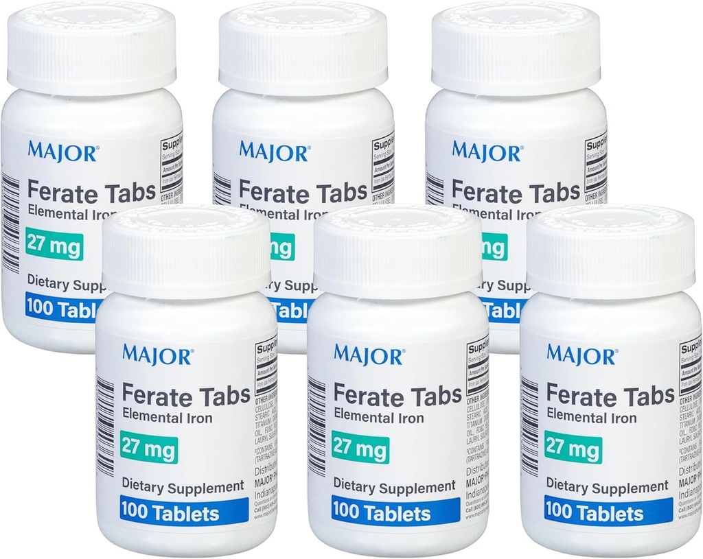 Major 27 mg ferat Tabs - Ferrogluconat Elemental Iron Dietary Supplement - 100 Count (6 Pack)