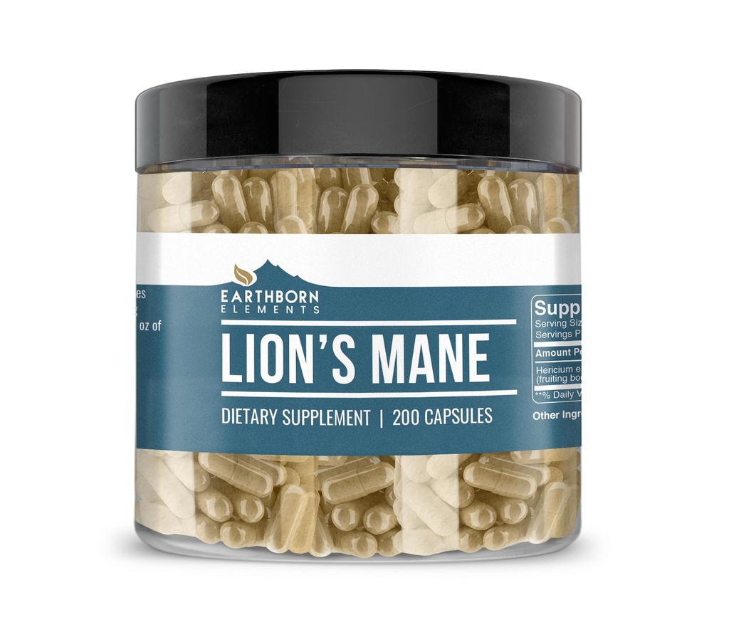 Earthborn Elements Lions Mane 200 Kapsler, Pure & Ufortyndet, Ingen tilsætningsstoffer