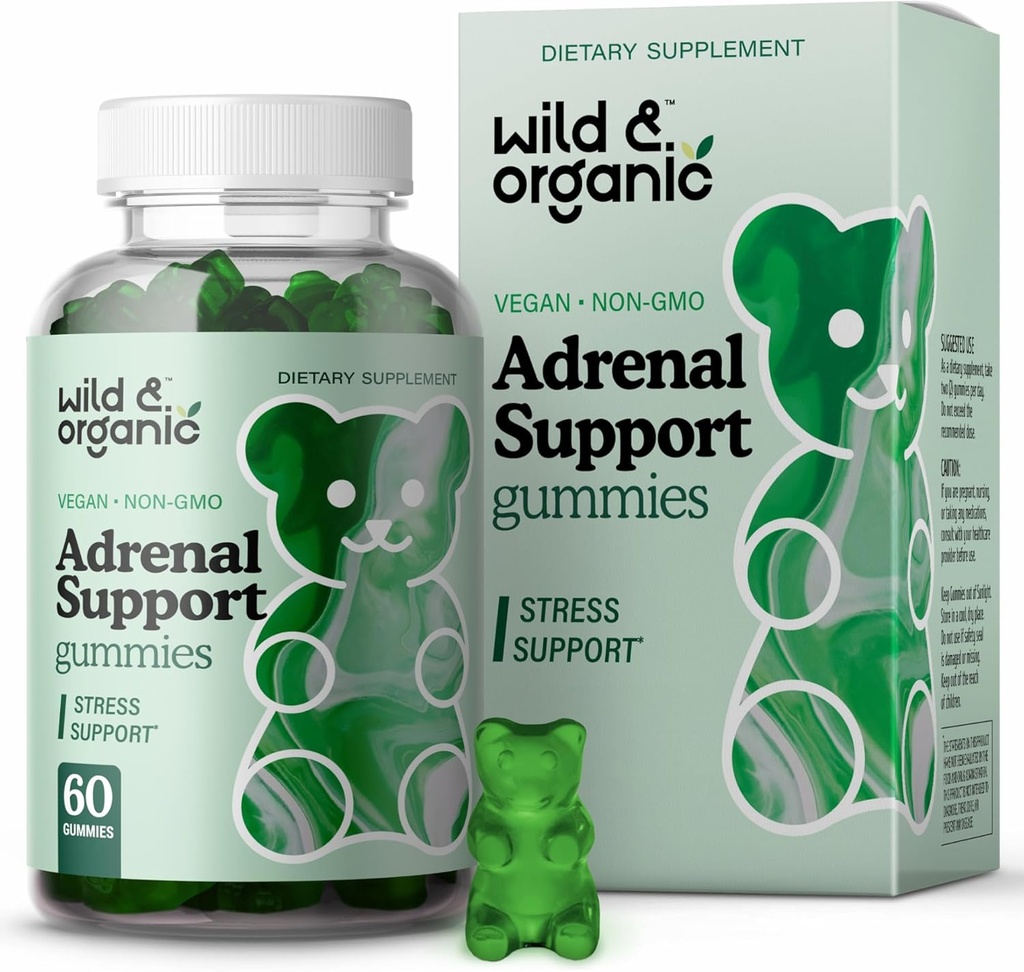 Wild & Organic Adrenal Support Gummies - Pure Adrenal Support Kosttilskud til kvinder og mænd med Ashwagandha Root & Rhodiola Rosea - 60 Pectin- baserede Chews