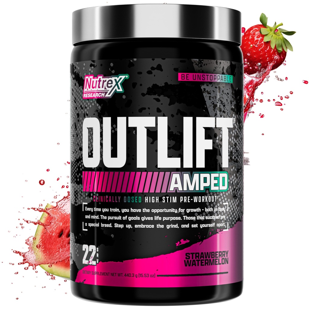 OUTLIFT Amped Max Dosed HØJT STIM Pre Workout Powder 6G Citrullin, 3.2G Beta alanine, Alpha GPC, CognatiQ, Extreme Energy, Massive Pumps, Electrolytes (Strawberry Watermelon, 22 Servere)