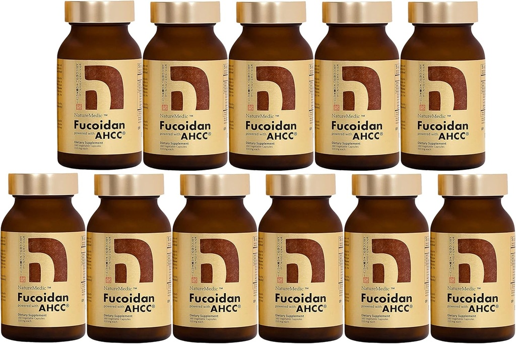 Fucoidan drevet med AHCC ® Brown Seaweed Immunity Supplement med høj renhed Organic Mekabu Mozuku Agaricus 10 flasker + gratis 1 flaske - 1760 Vegetabilske kapsler Lavet i Japan
