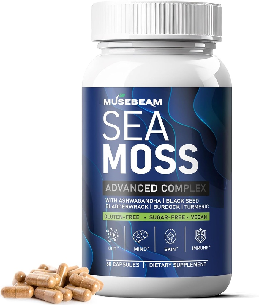 Irish Sea Moss 6000mg - 2000mg Black Seed Oil Ashwagandha Burdock Root Ginger Kapsler - Avanceret Seamoss Vitamin Multi Mineral Complex supplement piller til mænd kvinder