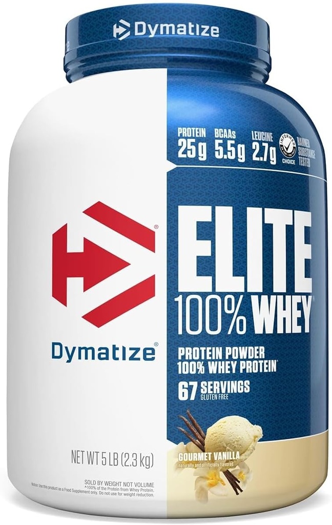 Dymatize Elite 100% Whey Protein Powder, Vanilla, 25g protein, 5,5g BCAA, mindre end 140 Cal., Gluten Free, 2g Carb, 2g sukker, 3g fedt (67 Servere)