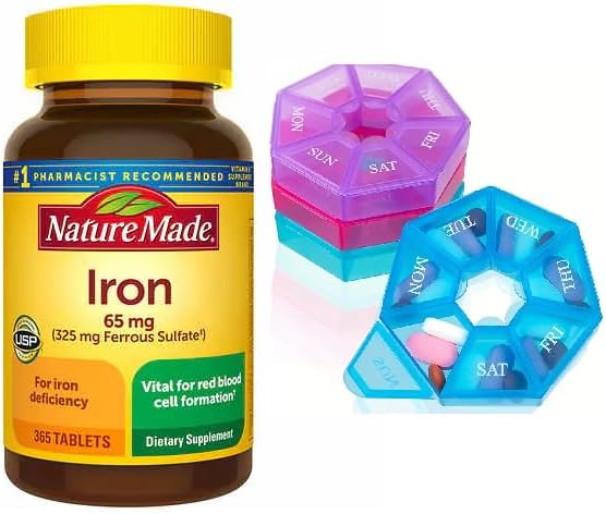 Nature Made Iron 65 mg (325 mg Ferrosulfate) tabletter, Kosttilskud til Red Blood Cell Support, 365 tabletter, 365 dages forsyningsbunde med Ugentlig Pill Organizer
