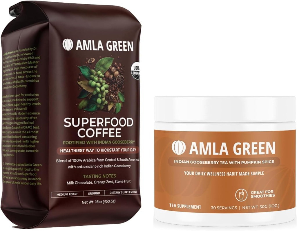 Amla Green Organic Ground Superfood Coffee and Amla Powder Superfood Supplement med Græskar Spice, 20x Ultra Koncentreret Amla