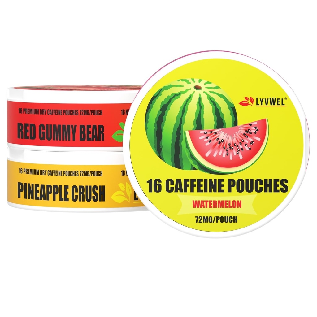 LyvWel 72mg koffein Energy Pouches - Vandmelon, Rød vingummibamse, Ananas Crush - Juicy Clean Energy with Guarana - 3-Pack (48 Total Pouches)