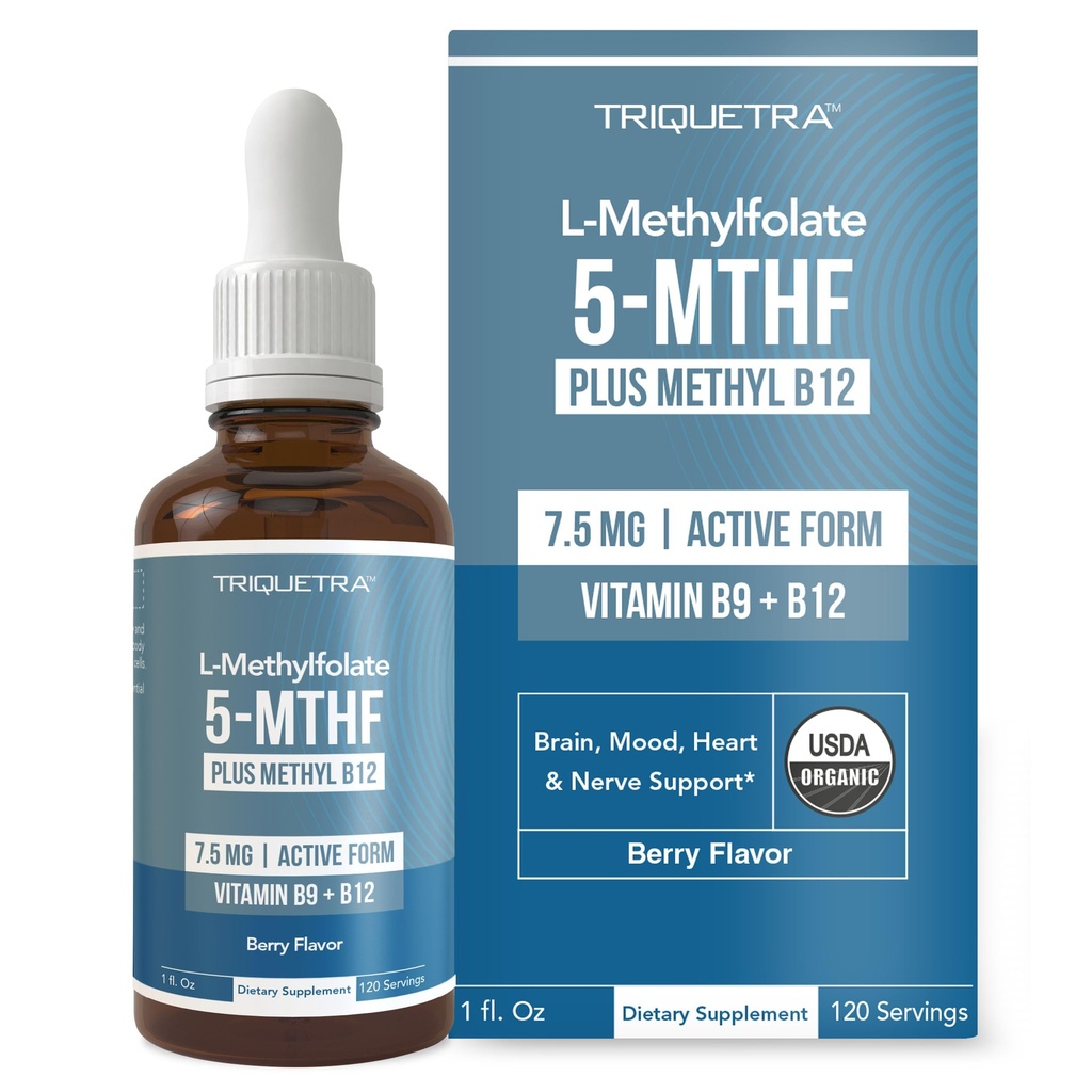 Organic L Methylfolat 7, 5 mg Plus Methyl B12 Cofactor - Metabolic Active 5- MTHF Form, Superior Form of Folate - Organic Berry Flavor, Flydende Sublingual Form - Food, Cognition, Methylation (1oz)