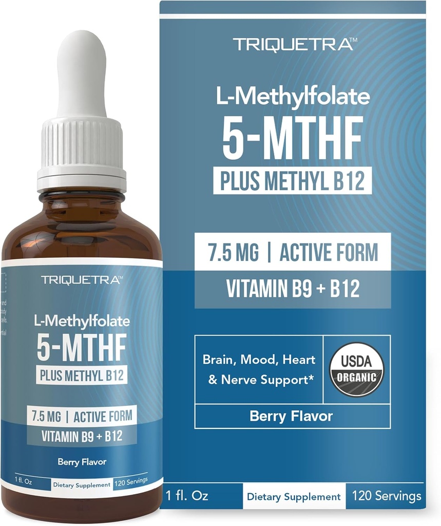 Organic L Methylfolat 7, 5 mg Plus Methyl B12 Cofactor - Metabolic Active 5- MTHF Form, Superior Form of Folate - Organic Berry Flavor, Flydende Sublingual Form - Food, Cognition, Methylation (1oz)
