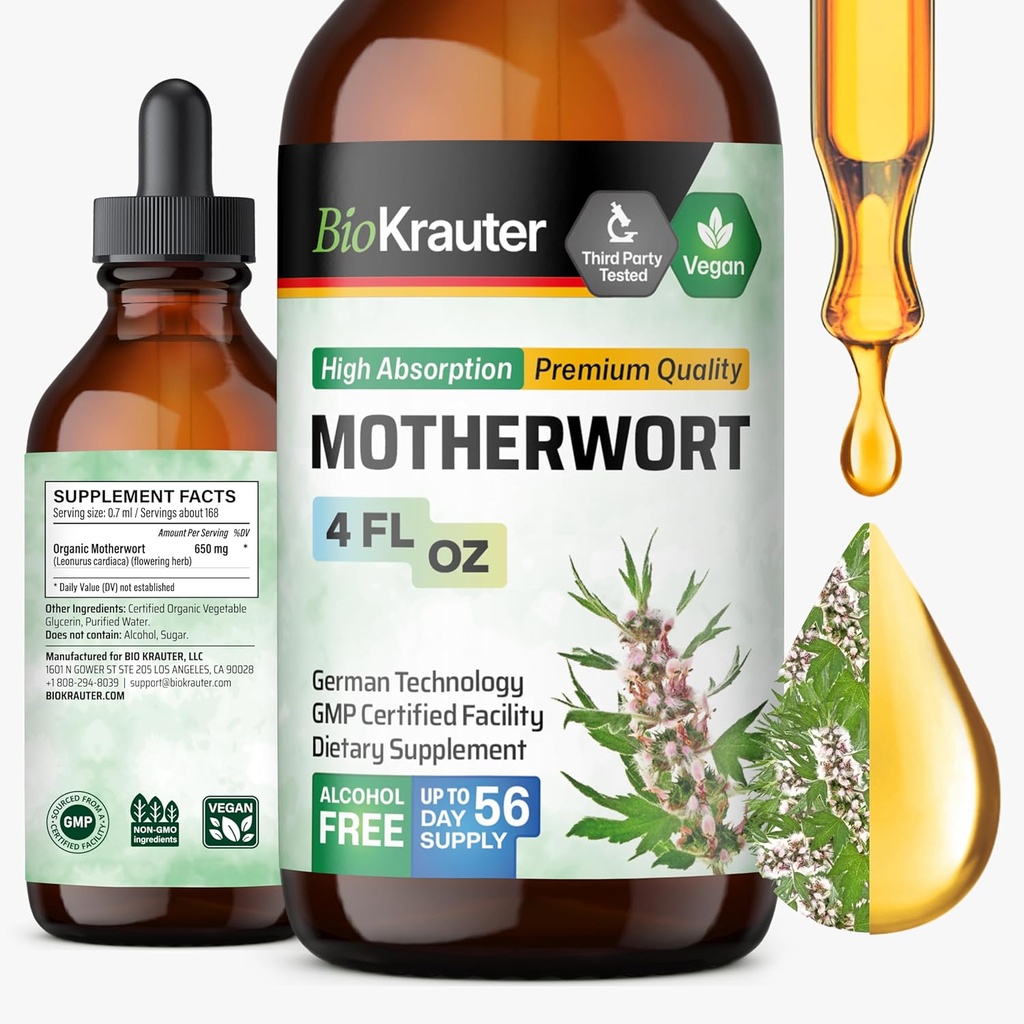 BIO KRAUTER Motherwort Tincture - Motherwort Herbal Extract - Flydende supplement til kvinders sundhed - Promote Calm - Alkohol & Sukker Free - Vegan Drops 4 Fl.Oz.
