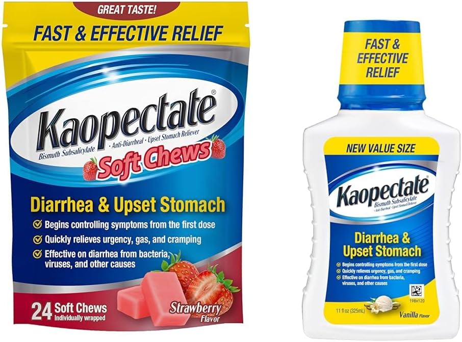 Kaopectate Anti- Diarrheal Soft Chews 24 Tæl og Opsat Mavesæk Relief Væske 11 Fl Oz