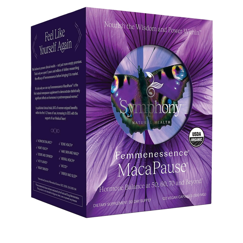 Femmenessens ® MacaPause ® - Klinisk provet postmenopausalt supplement til naturlige hormon balance, menopause symptomlindring, ben & hjerte sundhed, uden tilsatte hormoner (120 kapsler, 30 dages forsyning)