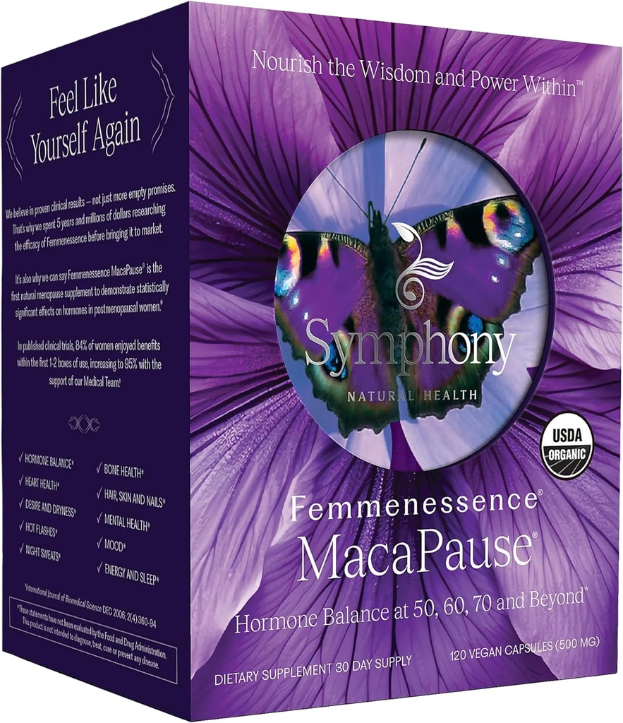 Femmenessens ® MacaPause ® - Klinisk provet postmenopausalt supplement til naturlige hormon balance, menopause symptomlindring, ben & hjerte sundhed, uden tilsatte hormoner (120 kapsler, 30 dages forsyning)