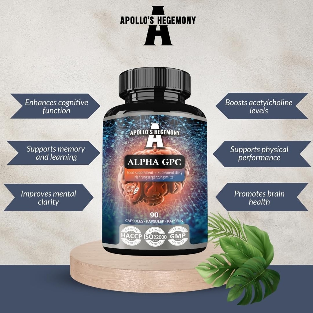 APOLLO 'S HEGEMONY Alpha- GPC 600 mg per daglig dosis - 90 Vegan Cholin kapsler - 99% Cholin Alfoscorate Kosttilskud - Lipid Cholin - Hukommelse og koncentration kapsler