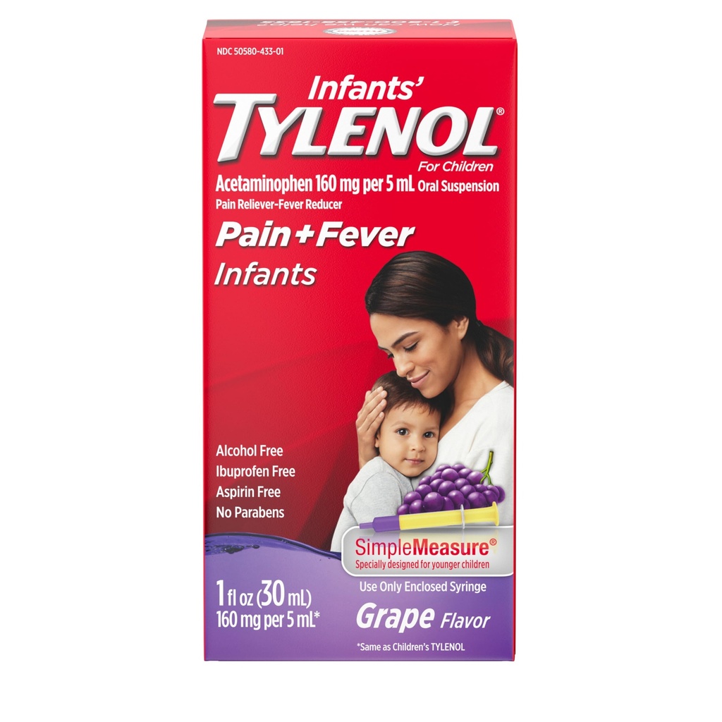 Spædbørn Tylenol Oral Suspension Liquid Medicine med Acetaminophen, Baby Fever Reducer & Pain Reliever for Minor Aches & Pains, Sore Hals, Hovedpine & Tandpine, Grape Flavor, 1 fl. oz
