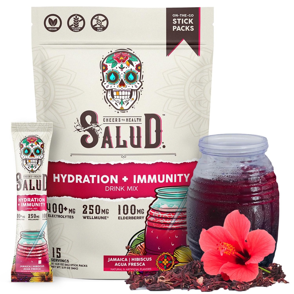Salud 2-in-1 Hydration Pakninger + Immunity Electrolytes Powder, Hibiscus - Jamaica Agua Fresca Drink Mix, Elderberry, Dairy & Soy Free, Non- GMO, Gluten Free, Vegan, Low Calorie, 1g Sugar (15 Servere)
