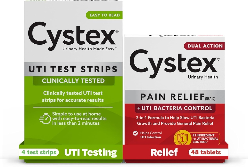 Cystex Urinvejsinfektion (UTI) Test Strips + Pain Relief: 4 Test Strips & 48 Capsules Pain Relief Medicine