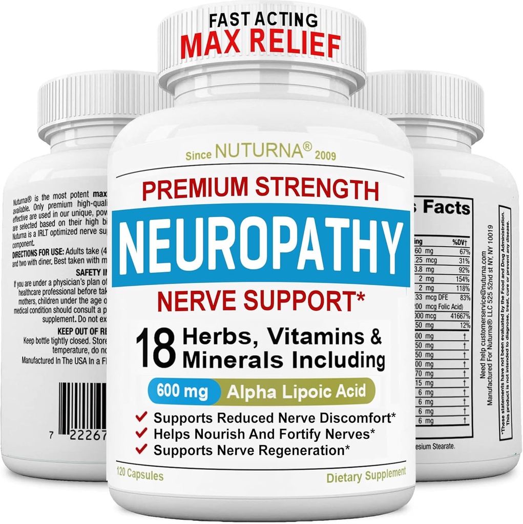 Neuropati Support Nerve Supplement med 600 mg Pure Alpha Lipoic Acid - Maksimum Strength Formel, Forstærkning Nerver i Fingers, Hænder, Legetøj, & Feet - Bedste Perifer Relief Support - 120 Kapsler